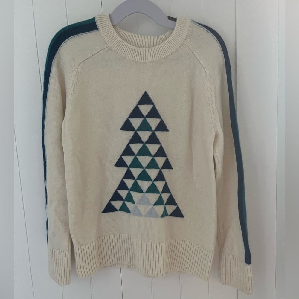 Jacadi Cream Sweater with Blue Geometric Christmas Tree Design